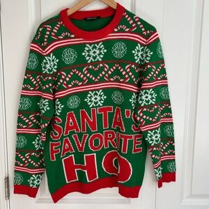 Ugly Christmas Sweater Santa’s Favorite Ho candy cane hearts snowflakes size L